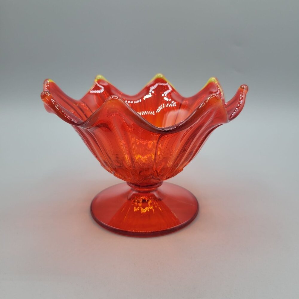 Vintage Amberina Glass Pedestal Bowl With Ruffled Edge Eight Petals